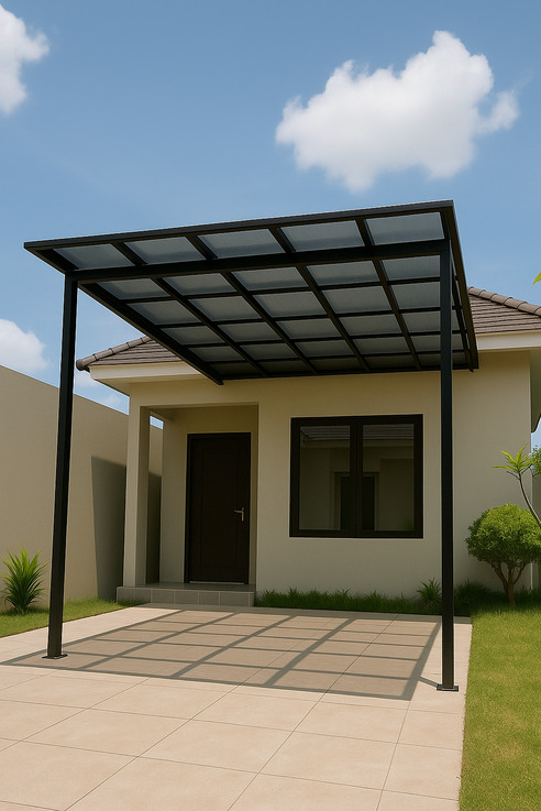 rumah dengan kanopi dari angle miring bawah